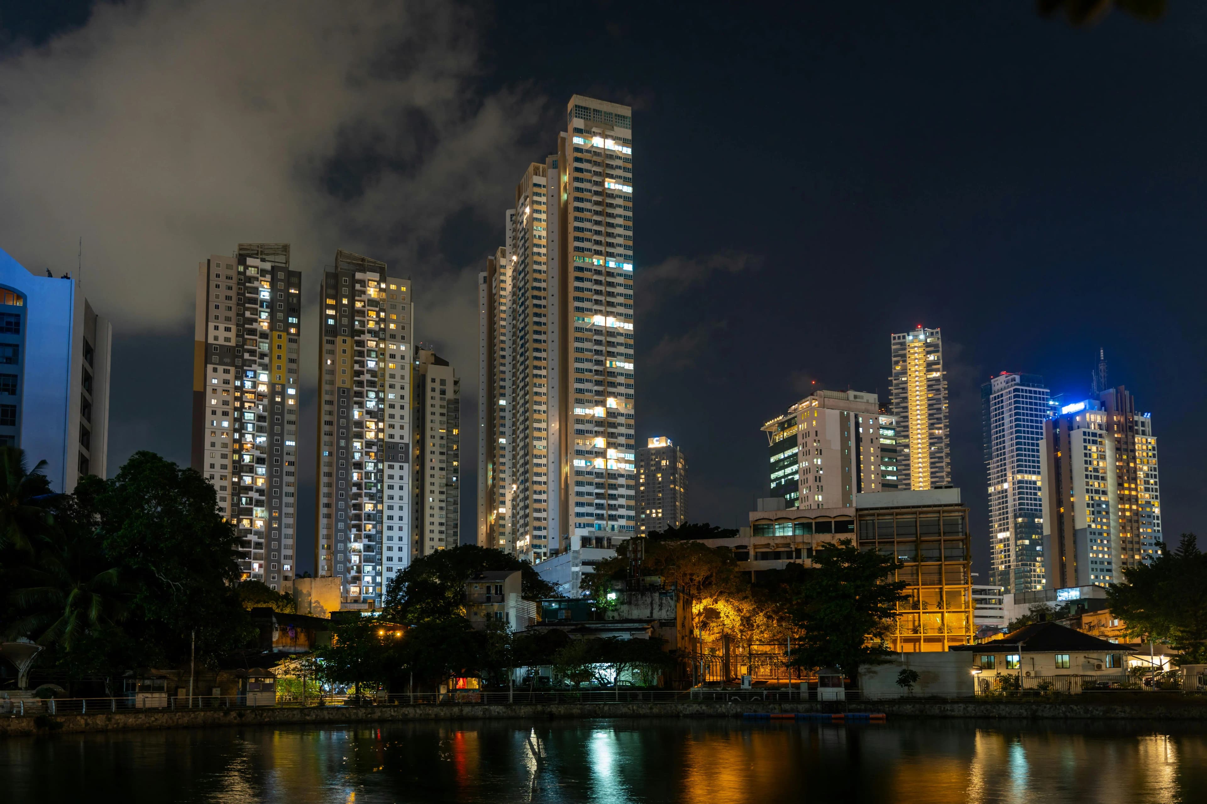 Colombo city at night near Beira Lake